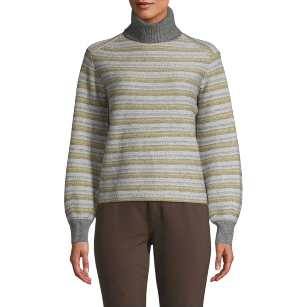 Vince Fair Isle Striped Turtleneck Sweater, Heather Grey Multi Womens Size Small